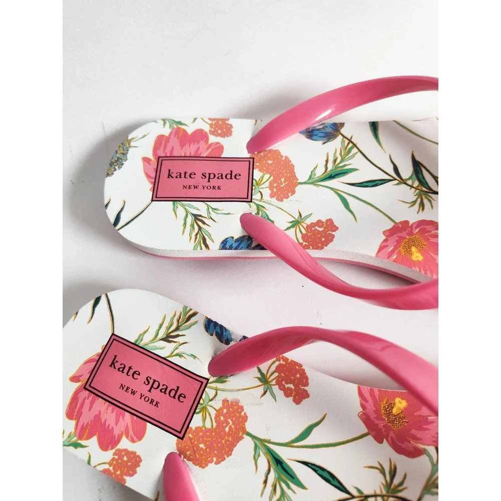 New Kate Spade Flip Flop Sandals 7 Nova Pink Floral Bow Spade Charm Summer Beach